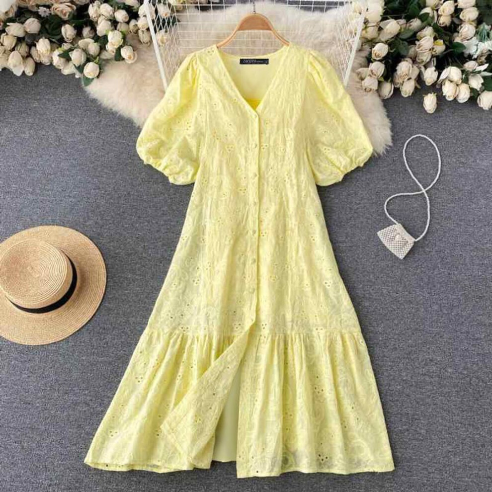(yellow, 5XL) Zanzea Women Summer V-neck Bubble Short Sleeve Lace A-line Dresses
