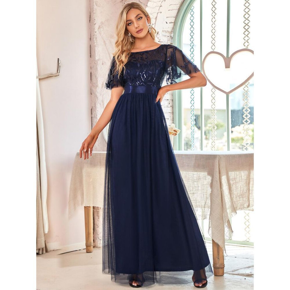 (navy blue, 4XL) Ever-pretty Sequin Print Floor-length Waist Embroidery Evening Prom Dress With Ruffle Sleeves