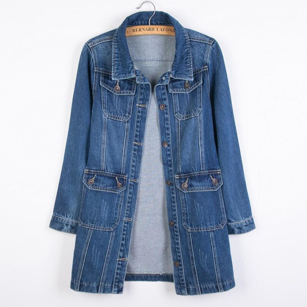 (as the picture, L) Women Denim Jackets Spring Autumn Long Sleeve Pockets Mid-length Jean Coat Fashion Outerwear