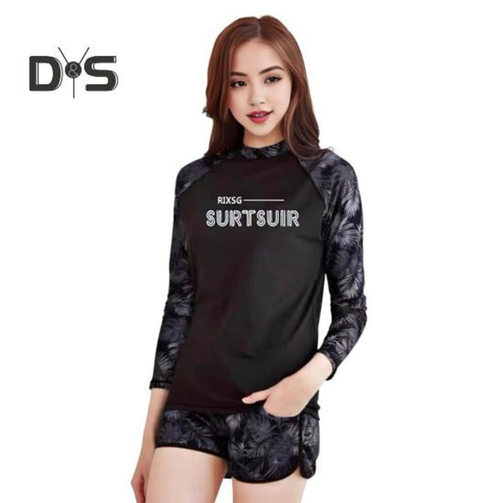 (as the picture, Womens 3XL) 2 Pcs/set Unisex Swimsuit Quick-drying Breathable Soft Leaf Print O Neck Long Sleeves Pockets Couple Surfing Clothes Diving Bathing Suit Water Sport
