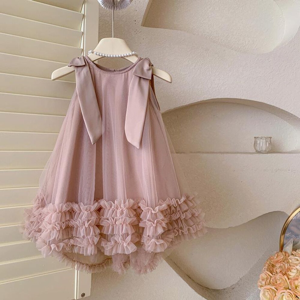 (pink, 130cm) Summer Girls Sleeveless Bow Solid Color Sweet Gentle Princess Dress Childrens