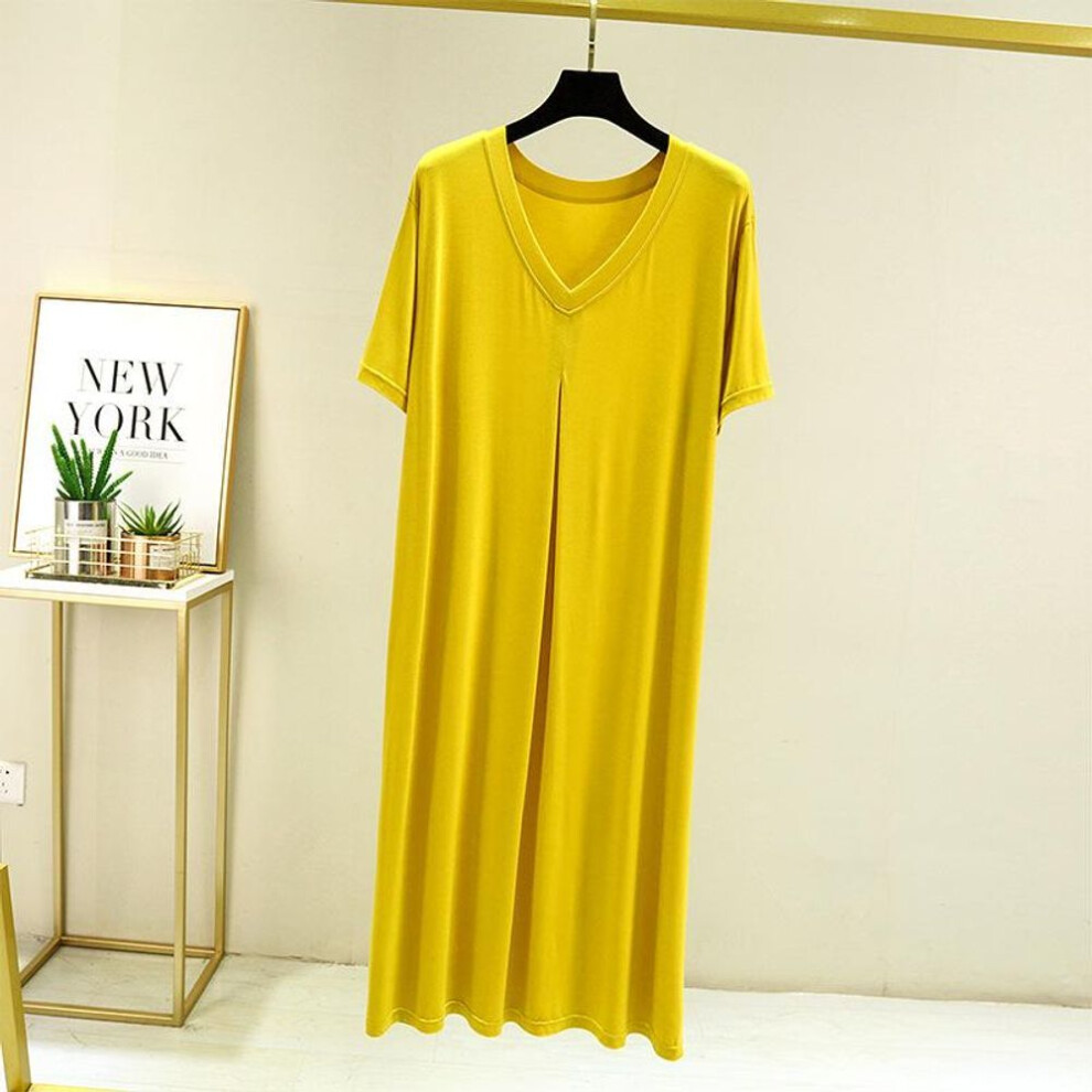 (yellow, L) Summer Modal Casual Dress V-neck Short Sleeves Plus Size Full-skirted Dresses Loose Long Sleepdress