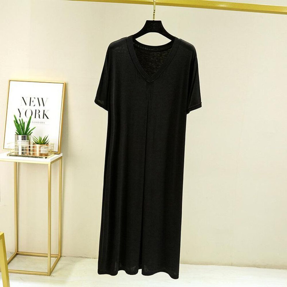 (black, XL) Summer Modal Casual Dress V-neck Short Sleeves Plus Size Full-skirted Dresses Loose Long Sleepdress