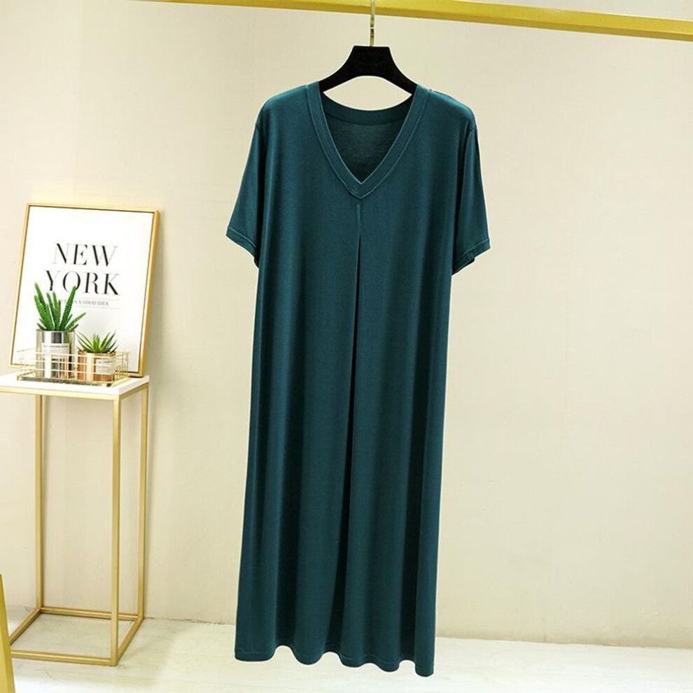 (dark green, XL) Summer Modal Casual Dress V-neck Short Sleeves Plus Size Full-skirted Dresses Loose Long Sleepdress