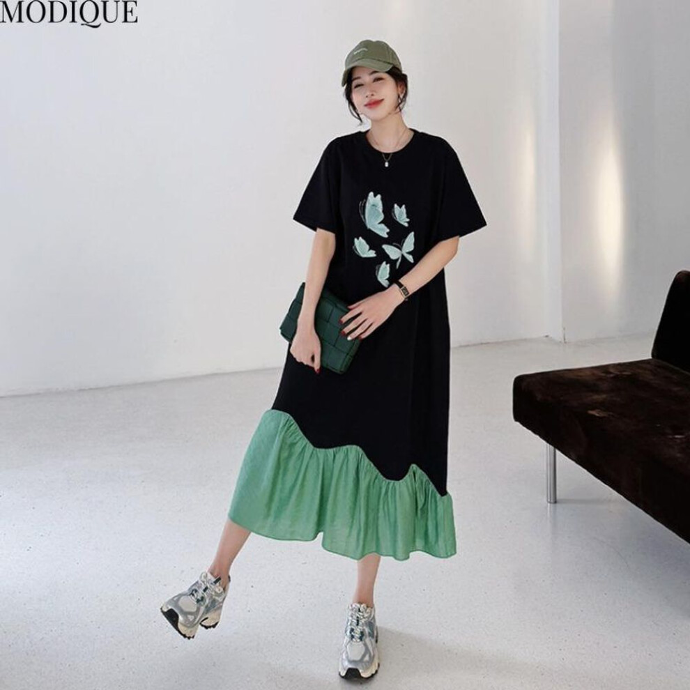 (black, XL) Modique Summer Plus Size New Women Loose Butterfly Printing Pleated Patchwork Long Dress Female Casual Short Sleeve O-neck Dresses