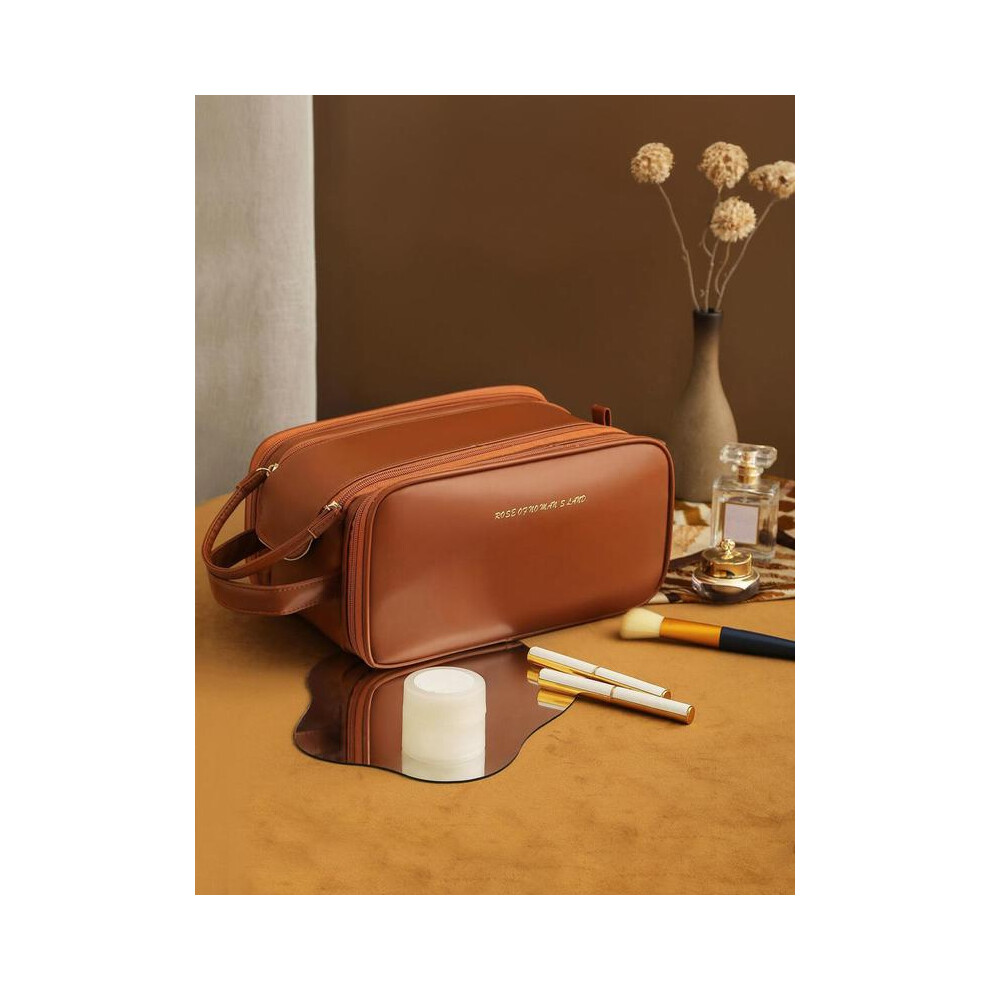 (Brown, 1pc) Portable Makeup Bag, Large Capacity Cosmetic Storage Bag, Travel Accessories, Back To School Zipper Makeup Organizer Pouch, Cosmetics Org