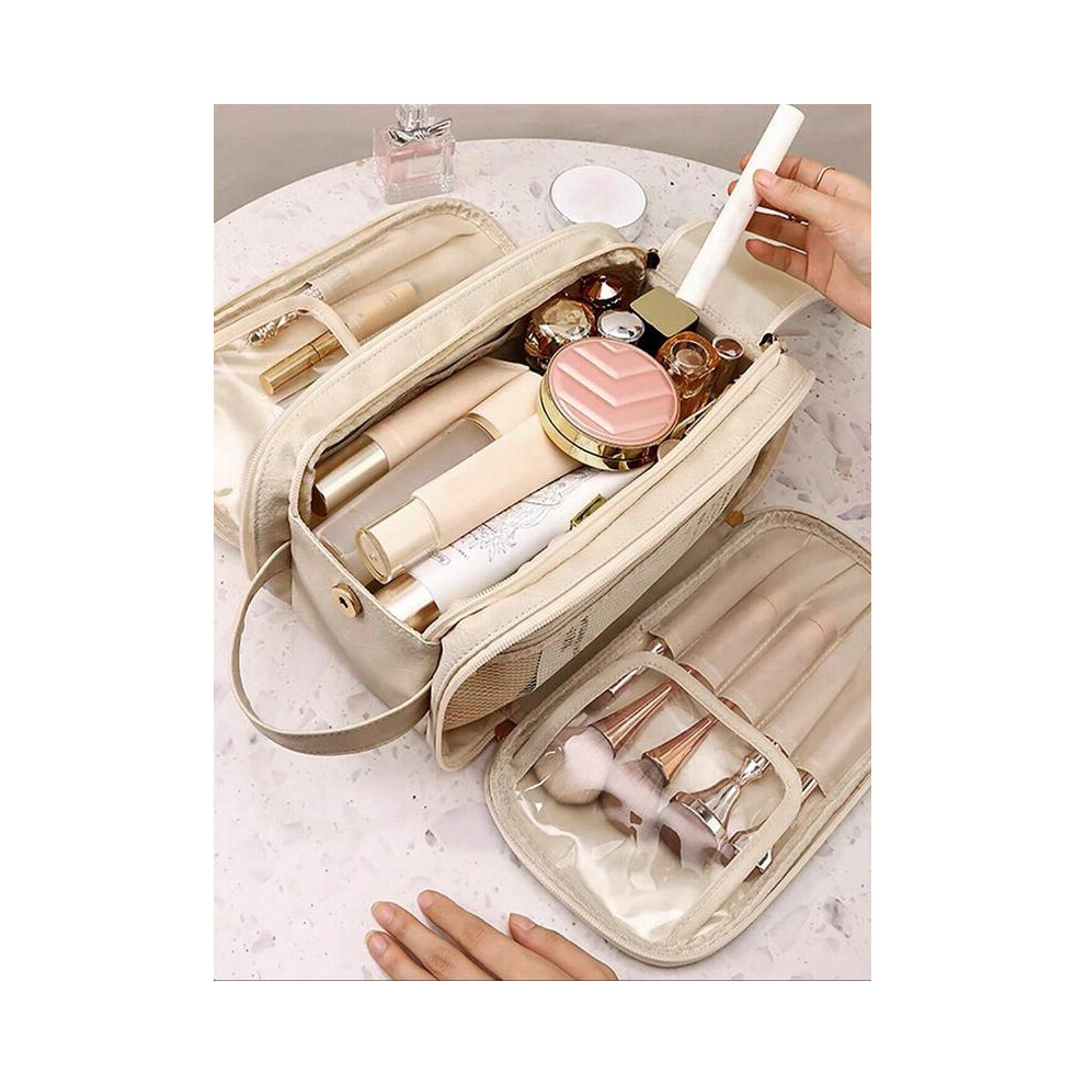 (Beige, 1pc) Portable Makeup Bag, Large Capacity Cosmetic Storage Bag, Travel Accessories, Back To School Zipper Makeup Organizer Pouch, Cosmetics Org