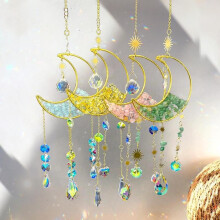 (Light Blue+Golden+Pink+Green, 1 set) Artificial Crystal Sun Catcher,Moon Decor Hanging Ornament,Hanging Decor,Fantasy Hanging Sun Catcher for Home Room Garden Window Wall Decoration