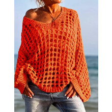 (Orange, XL) Women's Plain Hollow Out Sweater, Loose Casual Long Sleeve Jumper for Summer, Fashion Women's Knitwear for Daily Wear, Longsleeves Womenswear