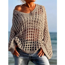 (Khaki, XXL) Women's Plain Hollow Out Sweater, Loose Casual Long Sleeve Jumper for Summer, Fashion Women's Knitwear for Daily Wear, Longsleeves Womenswear