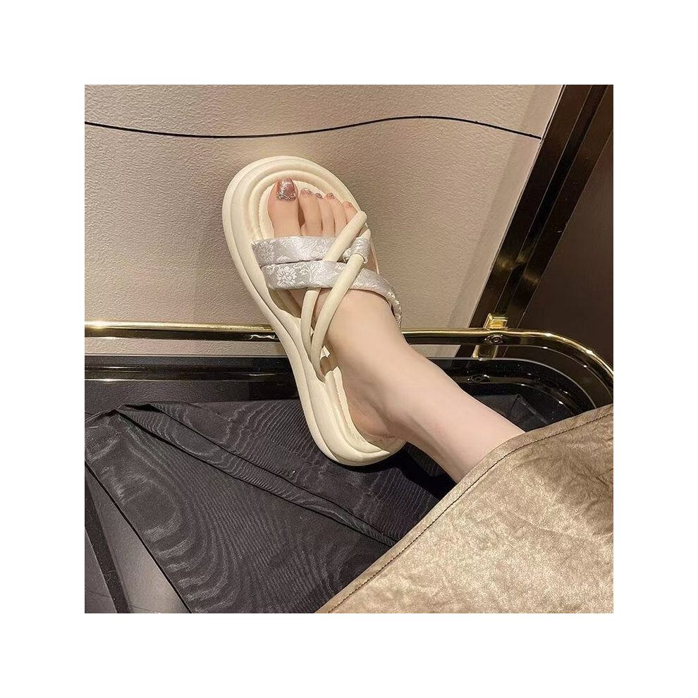 (Beige,39)Sandales plates neuves style chinois semelle épaisse avec motif satin pour femme