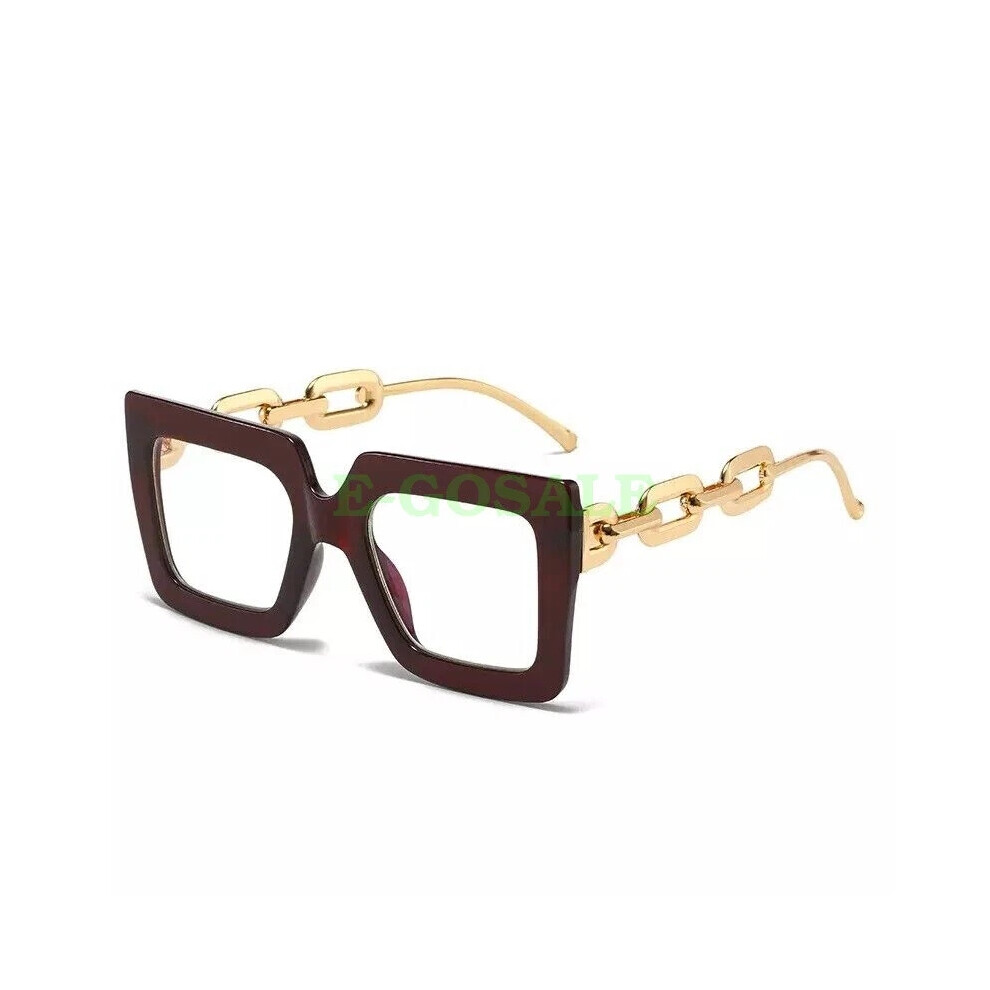 Brown ( Frame + Clear Lens) Large Square Frame Oversized Frame Clear Lens Nerd Geek Glasses