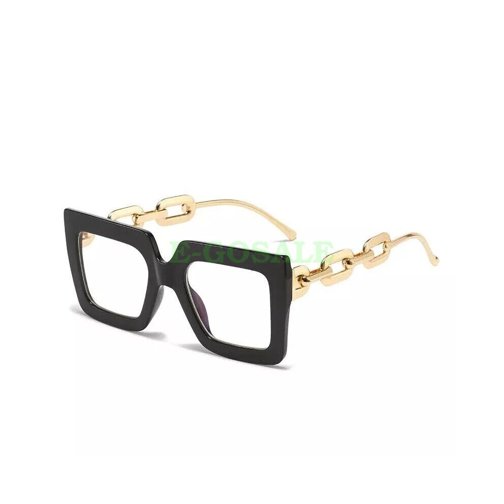 Black ( Frame + Clear Lens) Large Square Frame Oversized Frame Clear Lens Nerd Geek Glasses