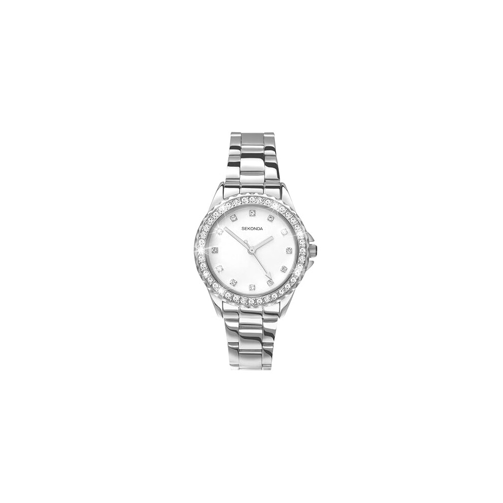 Sekonda Elizabeth Silver Bracelet White Dial Women's Quartz Watch 33Mm With Stone Set Case, Analogue Display And Stainless Steel Bracelet White,Silver