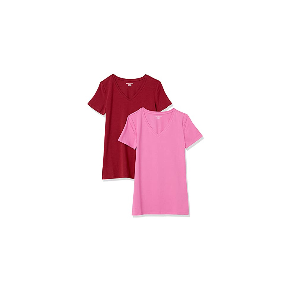 Amazon Essentials Women's Classic-Fit Short-Sleeve V-Neck T-Shirt, Pack of 2, Burgundy/Pink, XL
