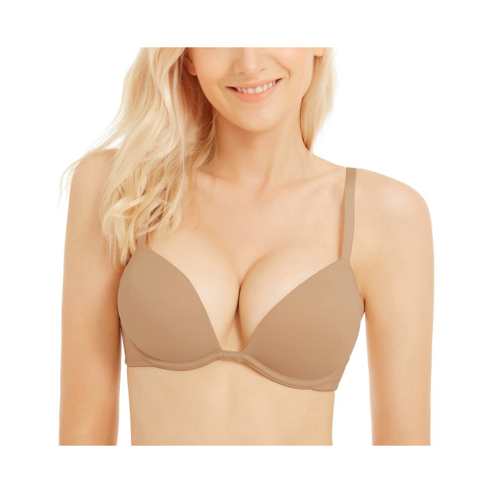 WingsLove Push Up Bra Sexy Deep V Plunge Add 2 Cups Bras Underwire T-Shirt Bra Multiway(Light Brown 34D)