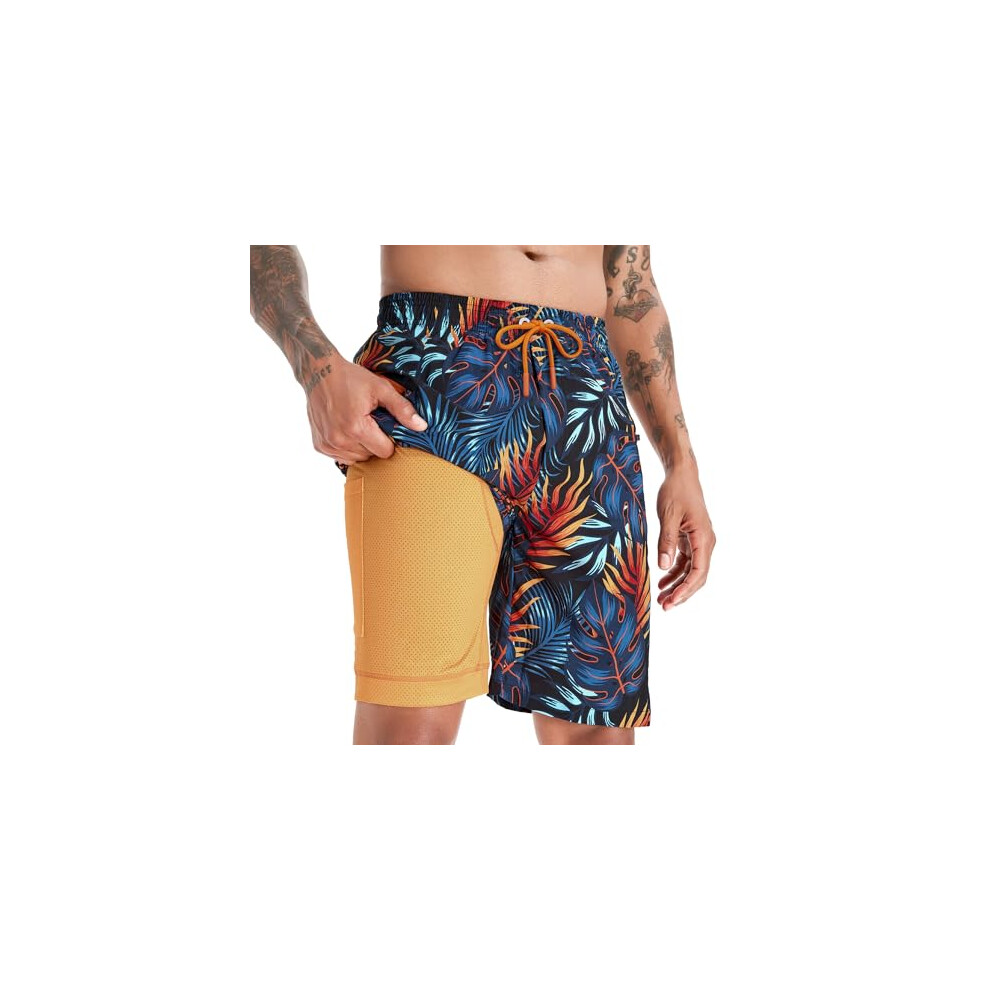 APTRO Swimming Shorts Men Swim Trunks with Compression Liner 2 in 1 Quick Dry Beach Summer 9'' Board Shorts with Zipper Pockets Yellow Leaf MK281 3XL