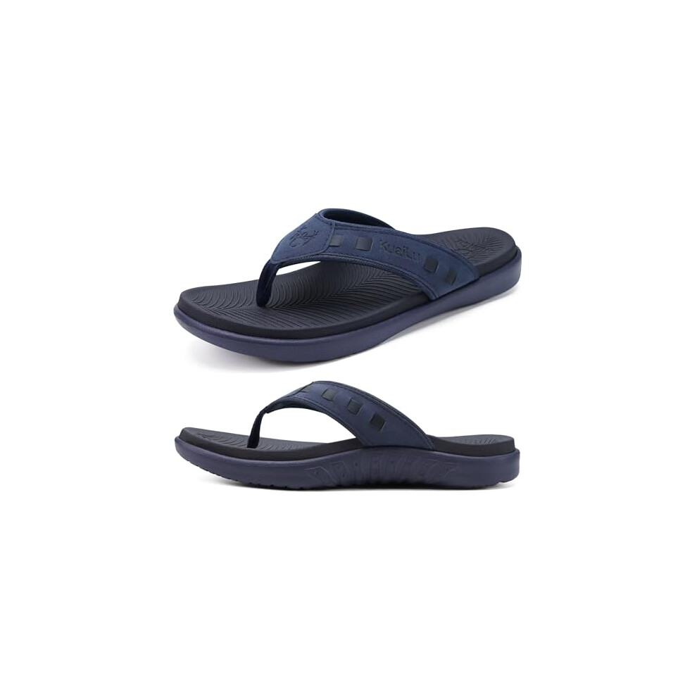 KuaiLu Mens Leather Sport Flip Flops Comfort Orthotic Thong Sandals with Plantar Fasciitis Arch Support for Outdoor Summer