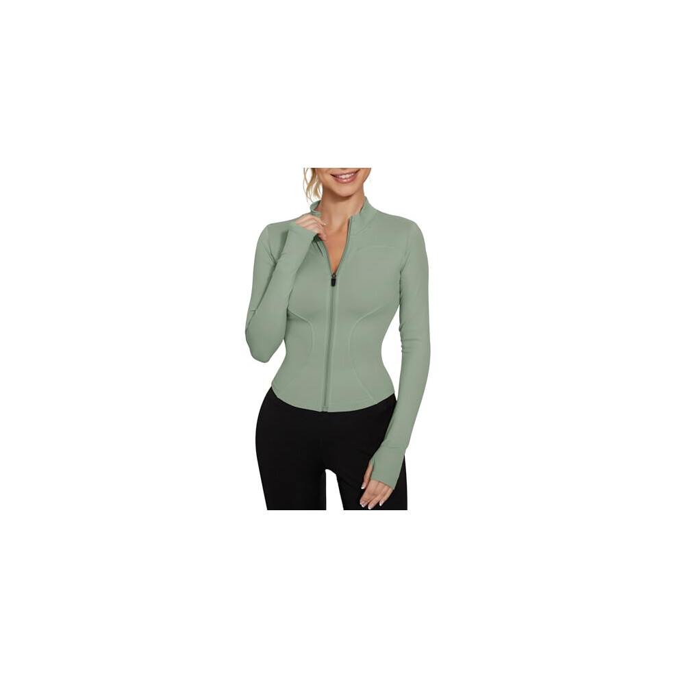IECCP Womens Long Sleeve Skim Gym Tops Zip Workout Yoga Running T-Shirt Lightweight Fitness Sports Tee with Thumb Holes Green S