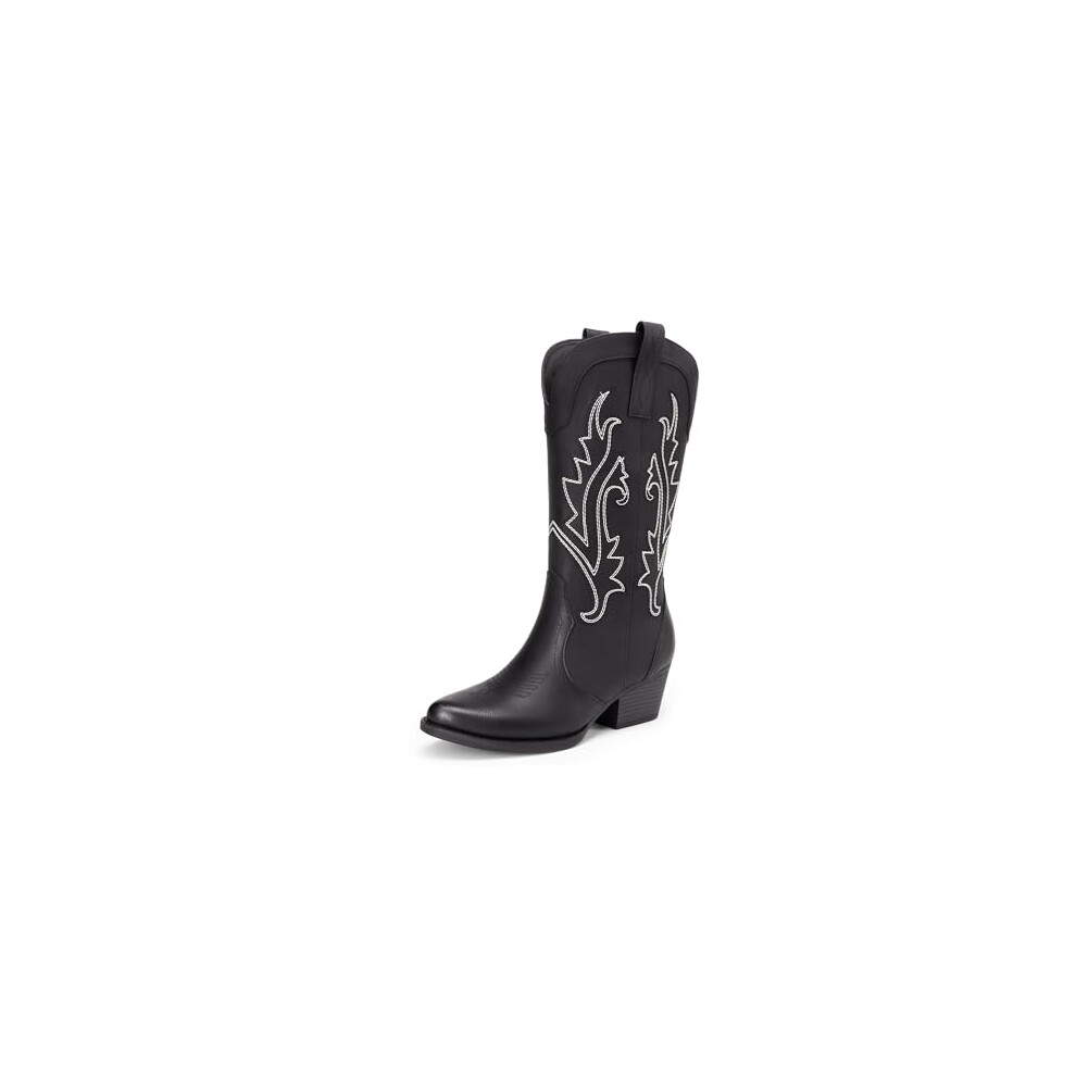 DREAM PAIRS Women's Cowboy Cowgirl Boots Embroidered Pointed Toe Low Heel Western Mid Calf Boot for Theme Party Country Concert,Size 6,Black,DWUMMB25