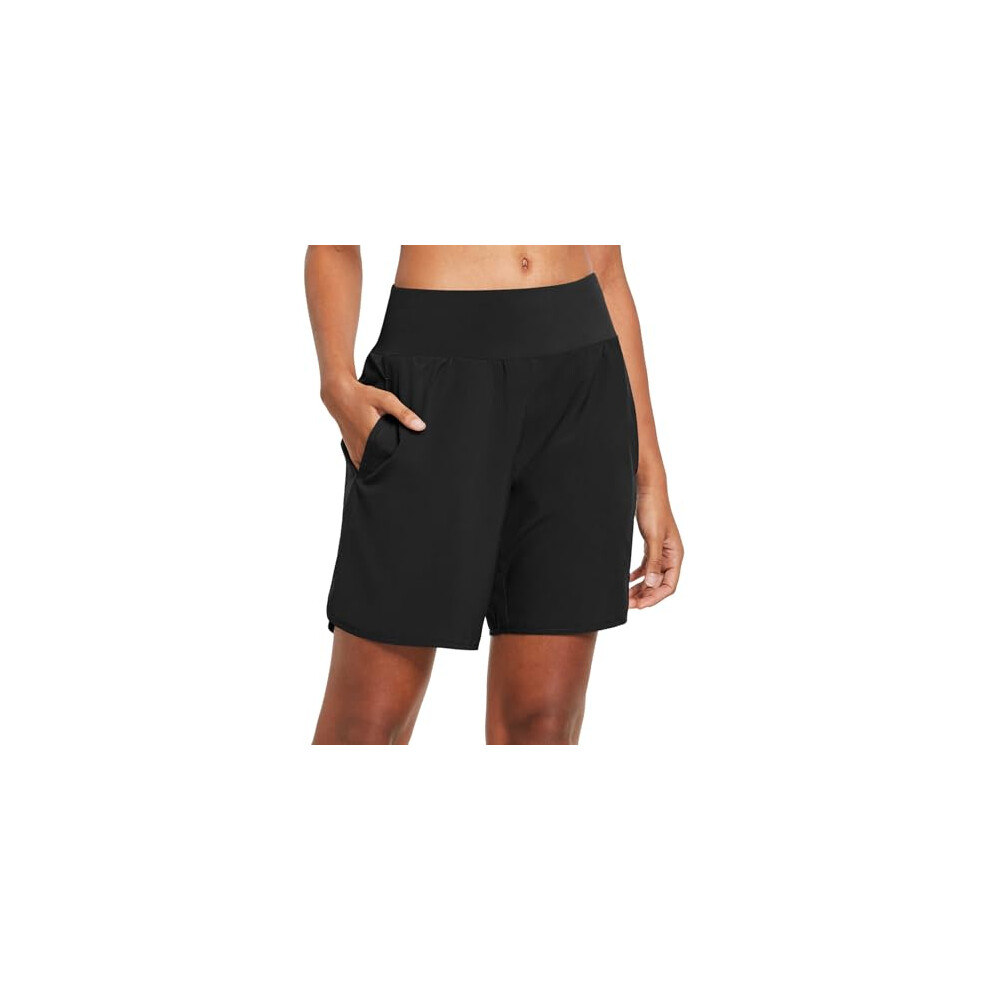 baleaf Women's Running Shorts 2 in 1 High Waisted Gym Shorts Quick Dry with Back Zipper Pockets for Yoga Workout Black M