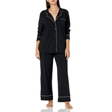Amazon Essentials Women's Cotton Modal Long-Sleeve Shirt and Full-Length Bottom Pyjama Set, Black, L