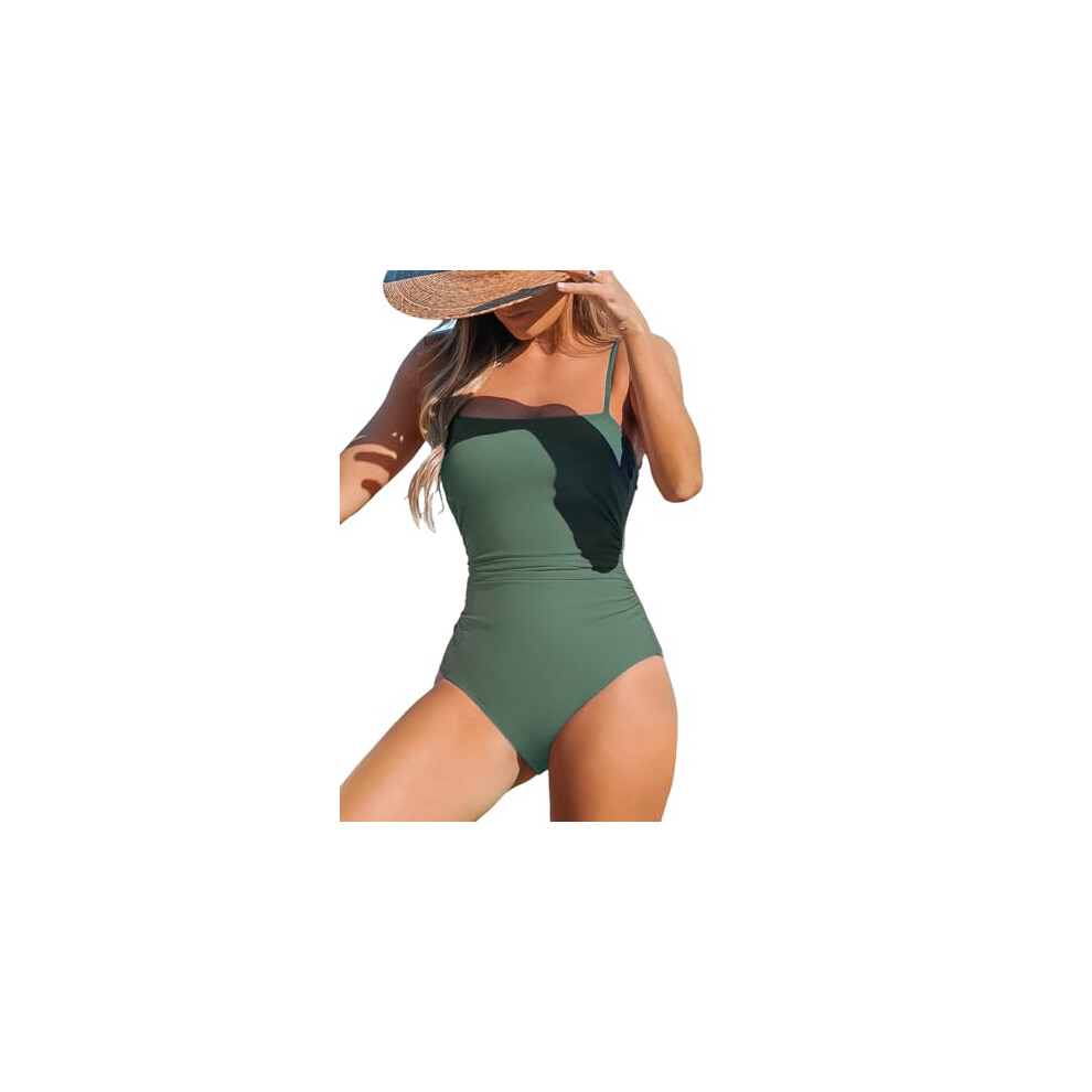 CUPSHE Women Swimsuit One Piece Square Neck Cutout Back Swimming Costume Tummy Control with Adjustable Spaghetti Straps Bathing Suit Swimwear Sage Gr