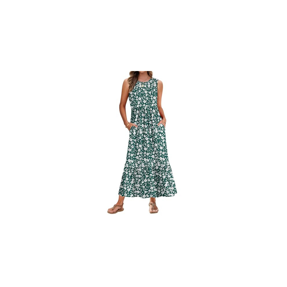 AUSELILY Summer Dresses for Women UK Sleeveless Maxi Dresses Ladies Summer Dresses Beach Coverups Swing Tiered Long Dress with Pockets Green Daisy L