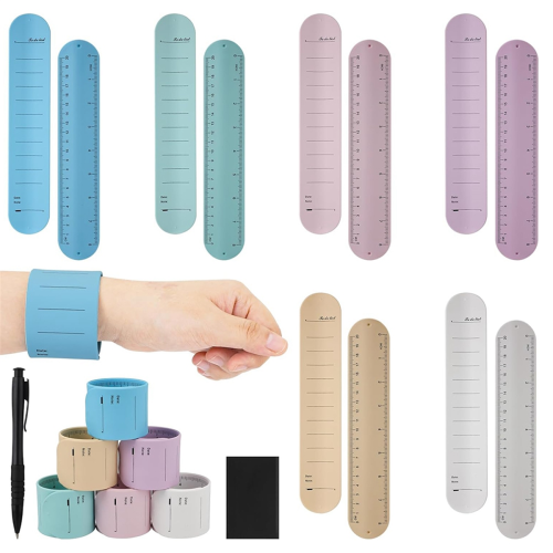 Conjunto de 14 pulseiras de tapa, 9,4 x 1,8 polegadas, pulseira de silicone reutilizável, bloco de notas de pulso vestível com caneta e borracha 2