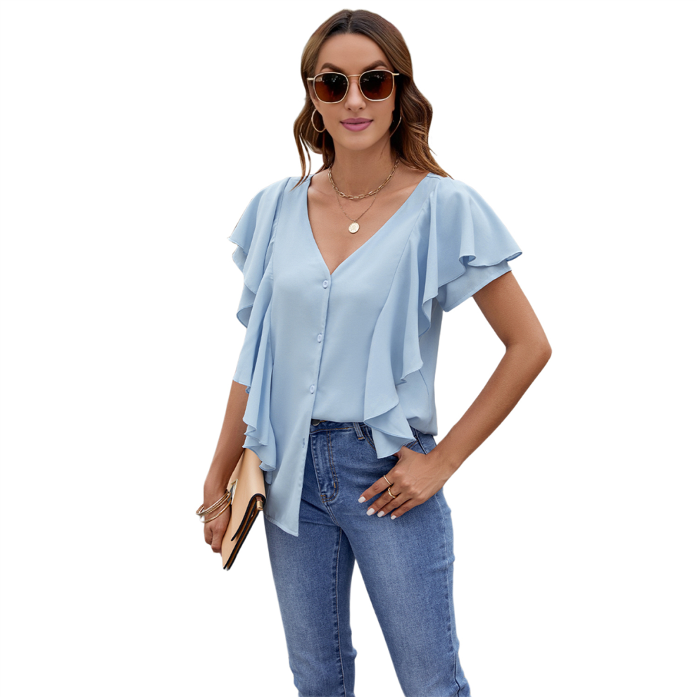 Chemisier à manches courtes et volants pour femme, style décontracté et habillé, col en V, boutonné, taille L