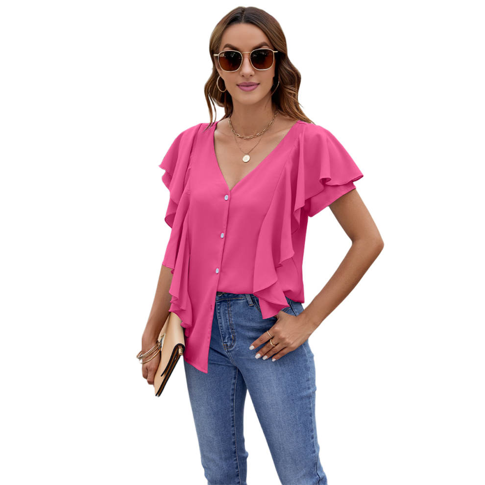 Chemisier à manches courtes et volants pour femme, style décontracté et habillé, col en V, boutonné, rose, rouge, taille L