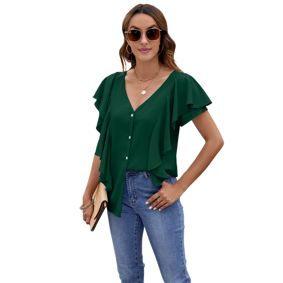 Chemisier à manches courtes et volants pour femme, style décontracté et habillé, col en V, boutonné, vert foncé, taille M