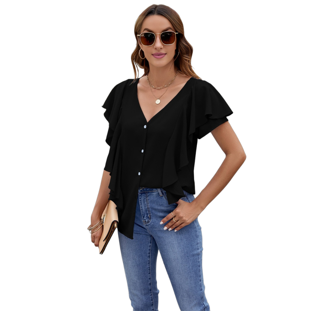 Chemisier à manches courtes et volants pour femme, style décontracté et habillé, col en V, boutonné, noir, taille XXL