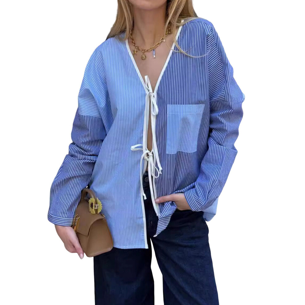 Chemisier décontracté à manches longues et col en V pour femme, style patchwork, rayé, noué sur le devant, couleur unie, bleu, taille M