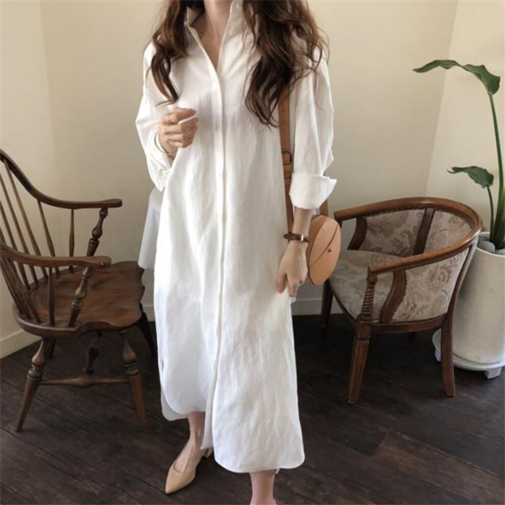 (white, XL) All-match Simple Long Over-the-knee Shirt Solid Color Lapel Cardigan Shirt