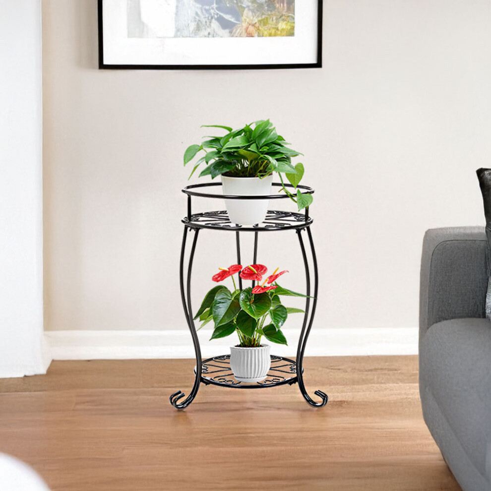 2-Tier Decorative Black Iron Plant Pot Stand -- Suitable for Indoor and Outdoor Use