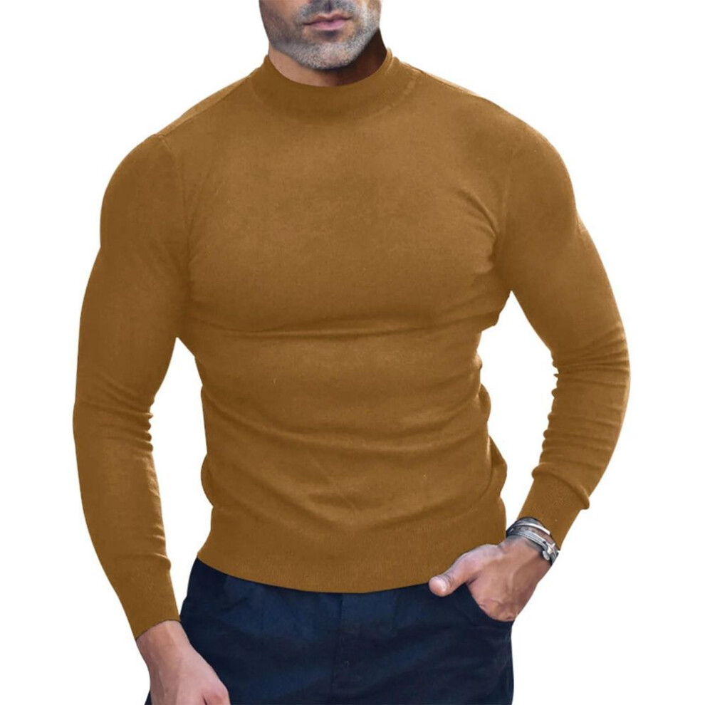 (coffee, L) Men's Autumn Casual Turtleneck Solid Color Top Long Sleeve T-shirt