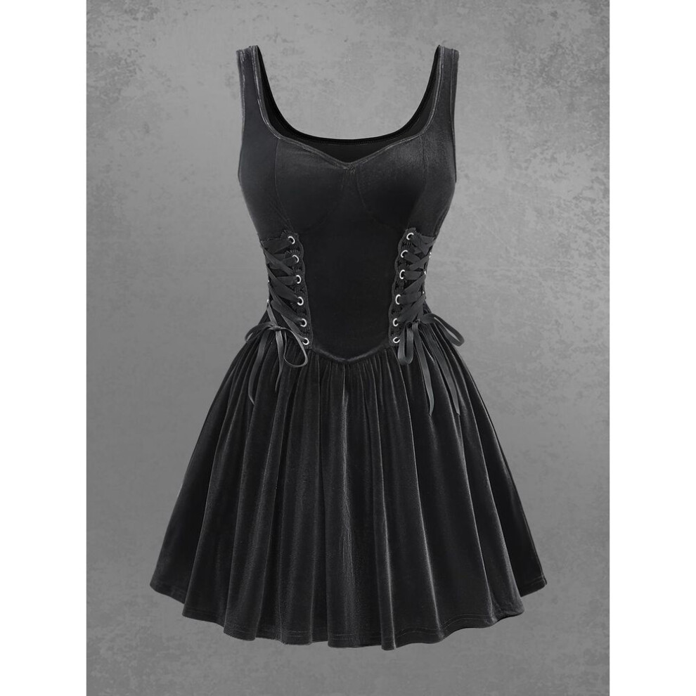 (black, L) Rosegal Gothic Lace Up Ruched Velvet Solid A Line Dress