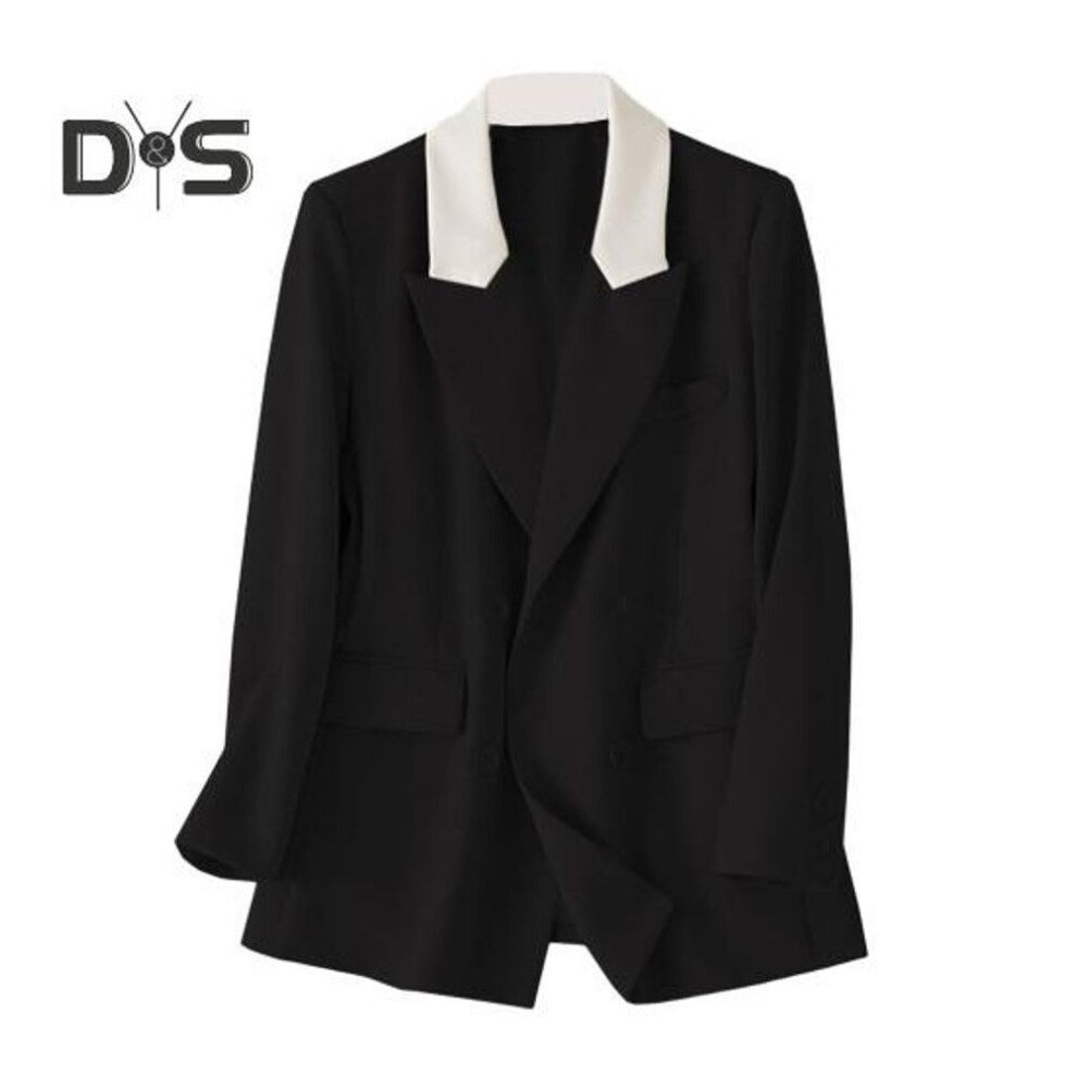 (black, 2XL) Women Casual Suit Coat Notched Lapel Long Sleeve Patchwork Color Suit Jacket Double Breasted Flap Pockets Loose Fit Office Lady Outwear