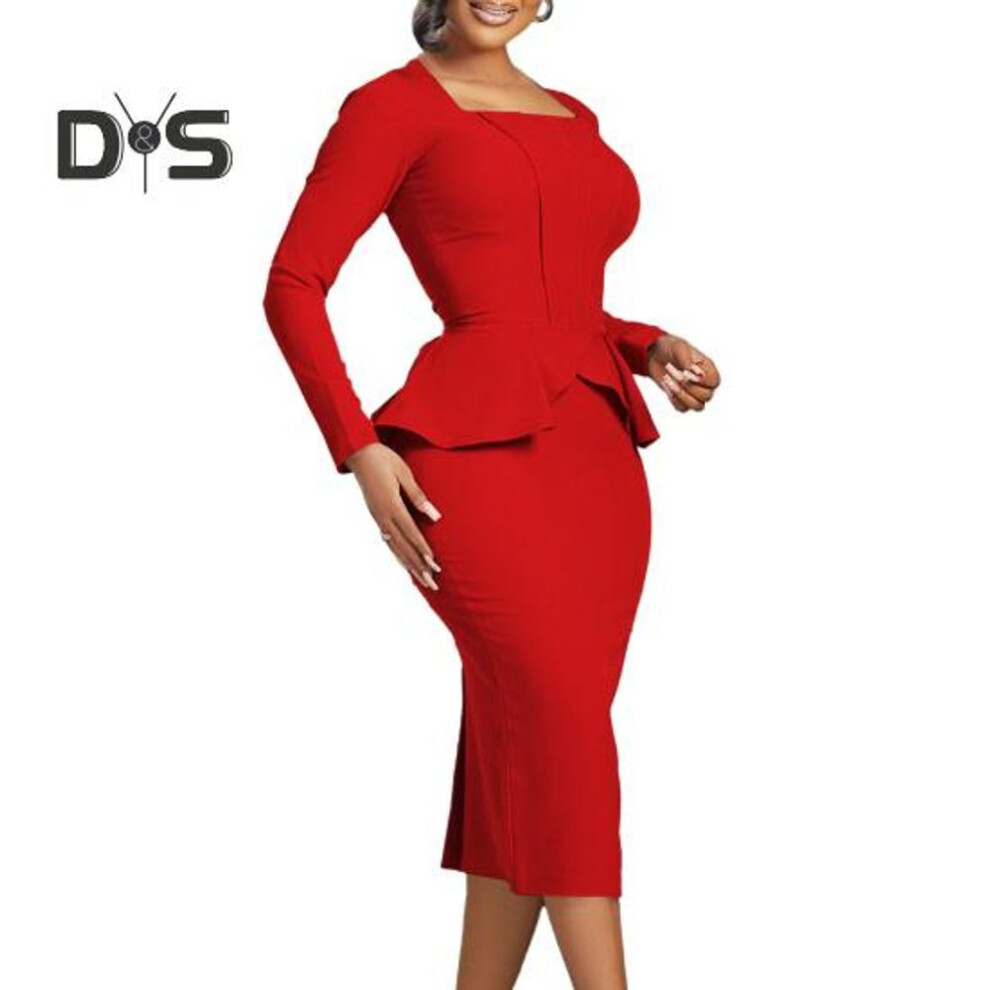 (red, XL) Women Business Dress Square Neck Long Sleeve Pure Color Ruffle Patchwork Slim Fit Sheath Ol Commuting Formal Midi Dress