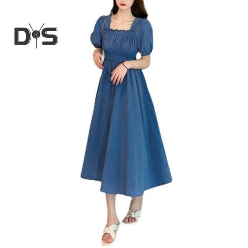 (blue, XL) Women Summer Dress Square Neck Bubble Sleeve Pleated Shirring Elastic Bust Short Sleeve A-line Loose Hem Solid Color Vintage Mic-calf Length Midi