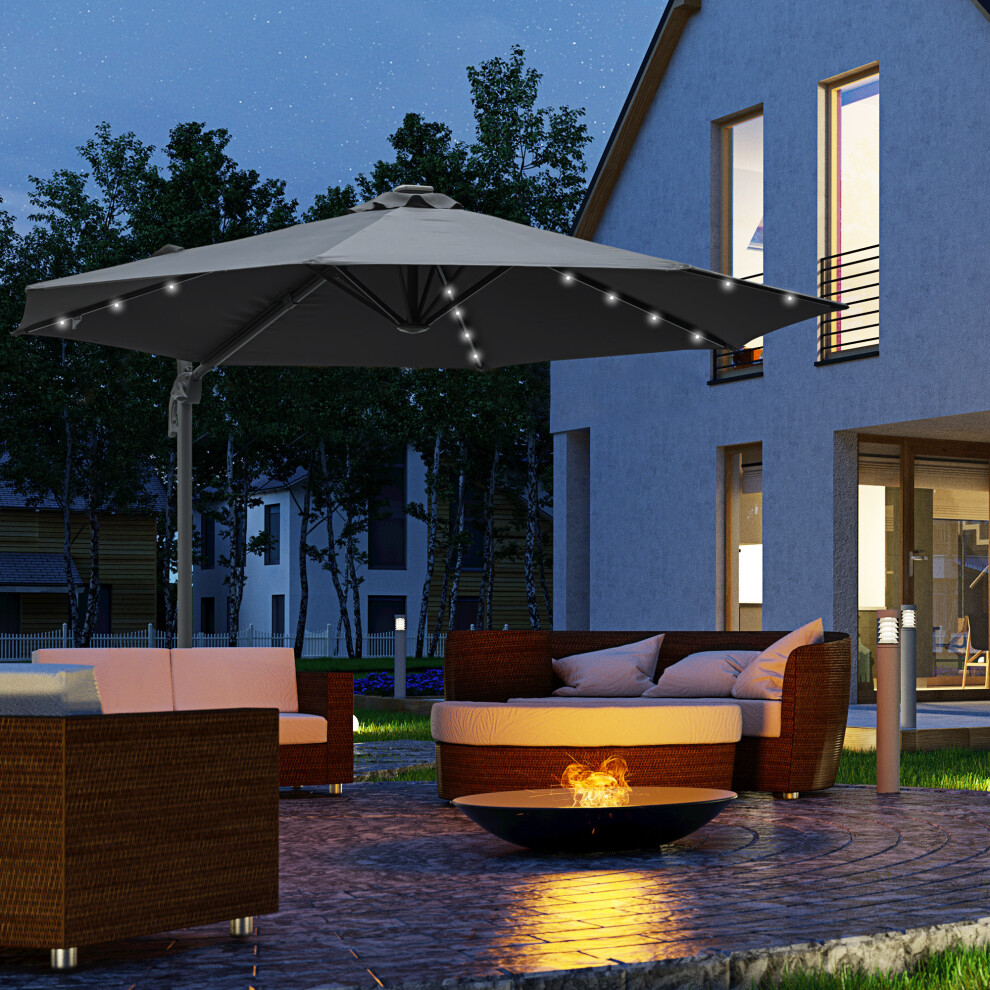 Outsunny 3(m) Cantilever Parasol Patio Umbrella w/ Crank Solar Lights Dark Grey