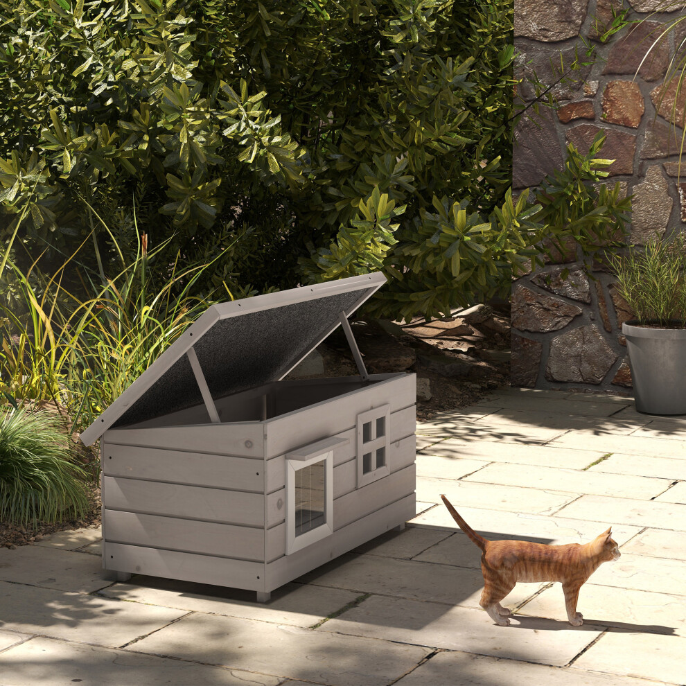 PawHut Outdoor Cat House with Openable Top, Asphalt Roof, Window, Grey