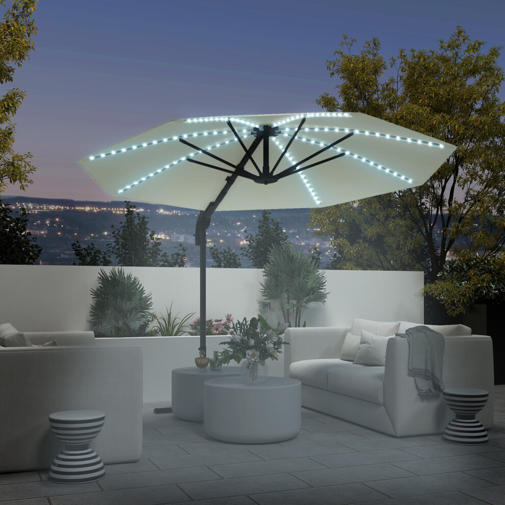 (Cream) Outsunny 3(m) Garden Parasol w/ Lights, Crank Handle & Cross Base