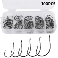 (As show, One size) 100pcs 5 Sizes Fishing Hooks Stainless Steel Carp Fishing Hooks Fishhook Worm Hooks with Plastic Box