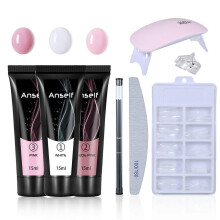 (As show, One size) Anself DIY Nail Extension Set 3 Colors 15ml Nail Glue + 100Pcs Nail Molds + Nail Lamp + Nail File + Crystal Pen + Nail Clip