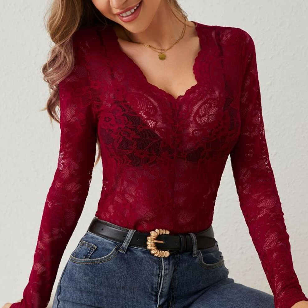 (XL, burgundy) Spring New Long Sleeve Sexy Lace Shirts For Women Fashion Solid See Through Slim Fit Casual Blouses Women Street Elegant Crochet Lady Shirt Tops 26251