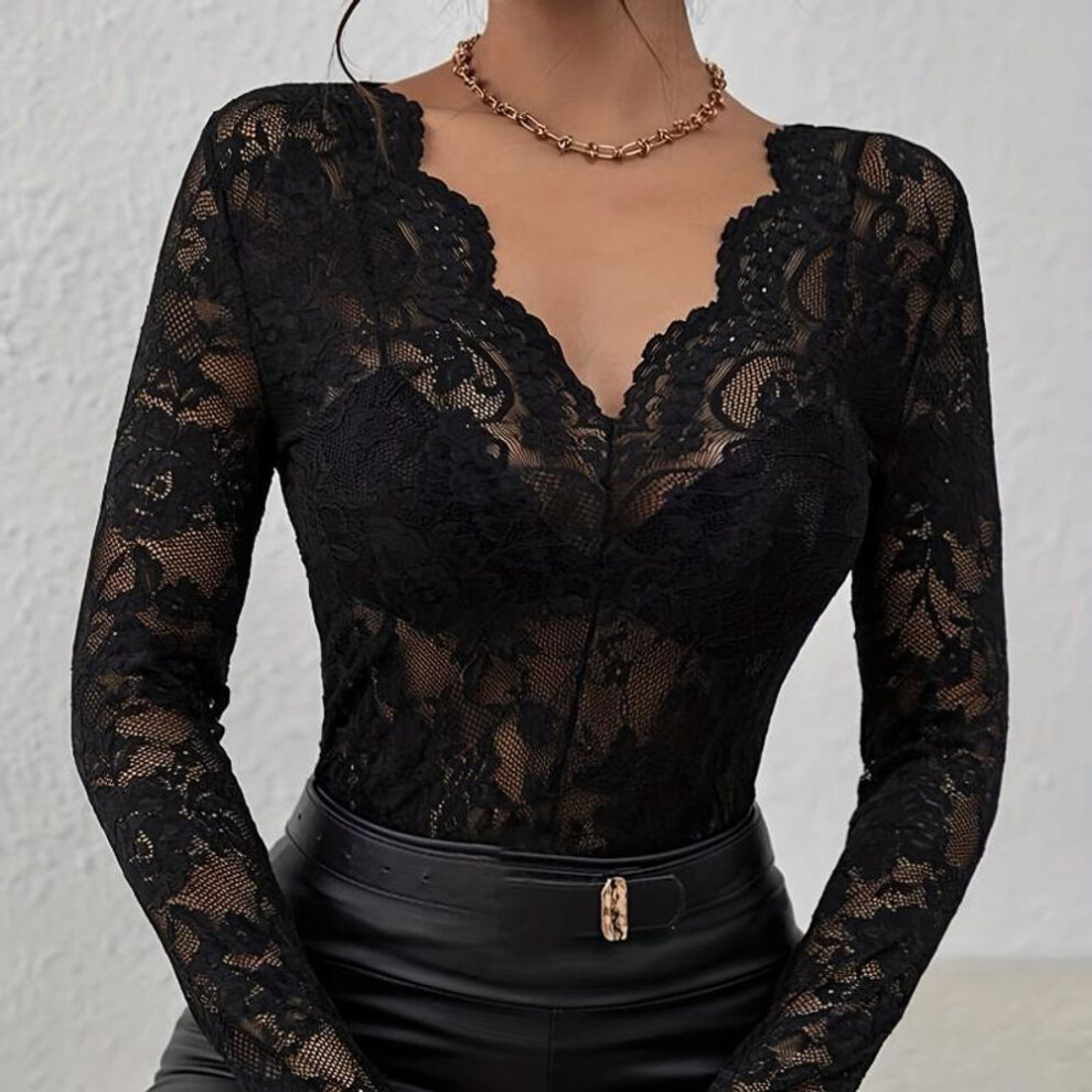 (S, black) Spring New Long Sleeve Sexy Lace Shirts For Women Fashion Solid See Through Slim Fit Casual Blouses Women Street Elegant Crochet Lady Shirt Tops 26251