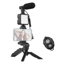 (As show, One size) Andoer Phone Vlog Video Kit with Table Tripod Phone Holder with Cold Shoe Microphone LED Video Light Remote Shutter