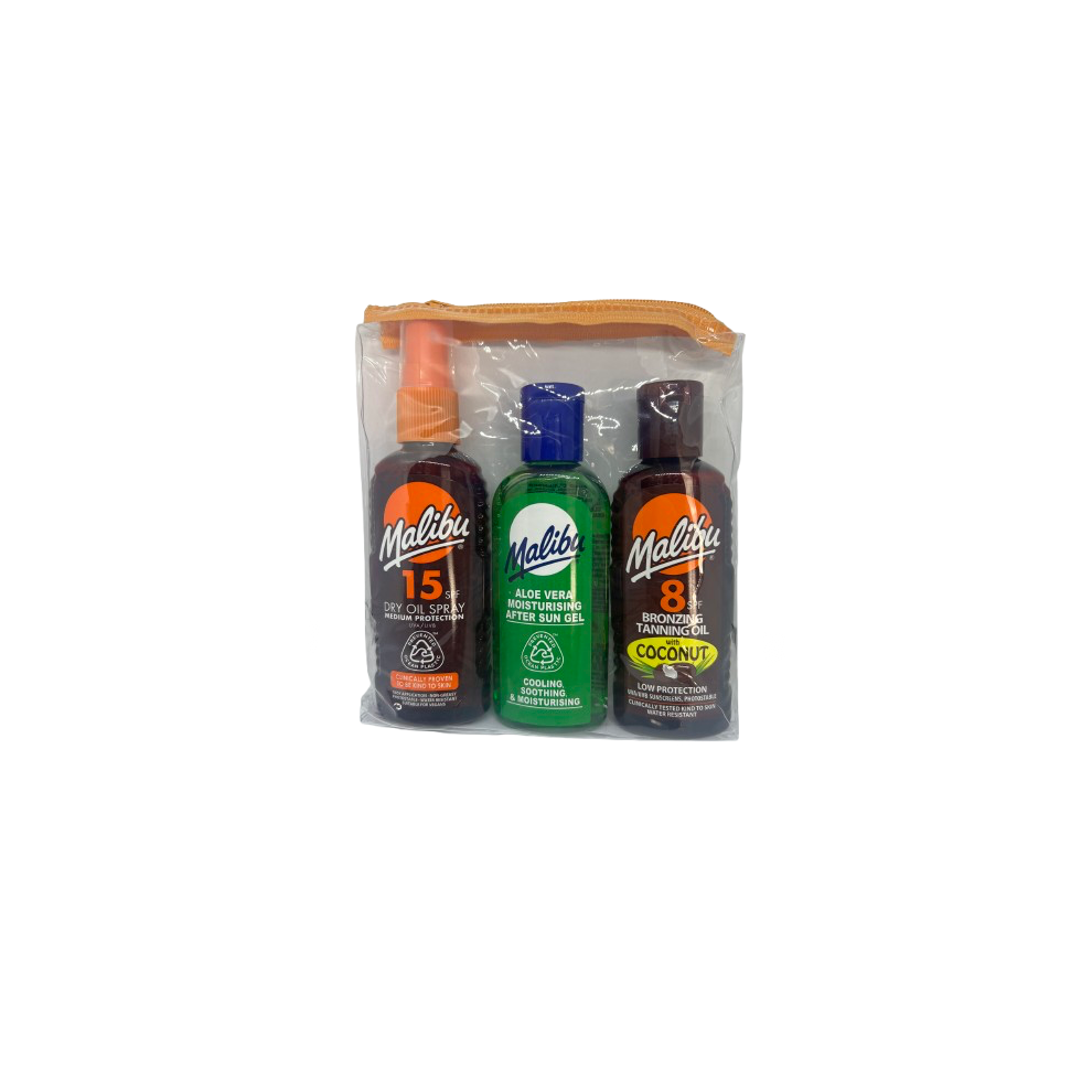 Malibu Sun Travel 3 Pack Dry Oil, After Sun Aloe Vera, Bronzing Tanning Oil